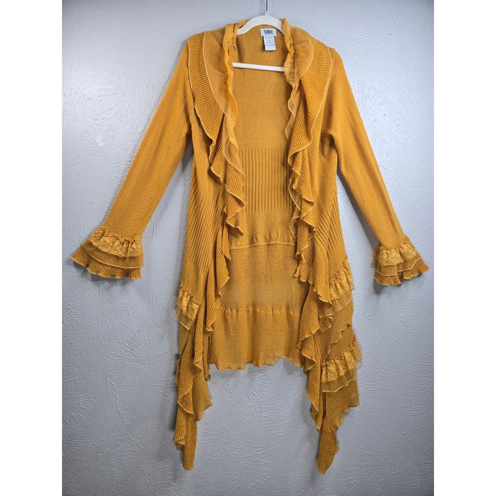 Ruffle Cardigan Sweater Mustard Yellow Ruffle Lace Longline Open Front Victorian